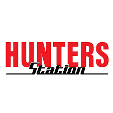 Red and black 'Hunters Station' logo on a white background