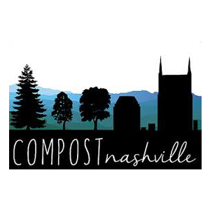 Logo of Compost Nashville with silhouette of black buildings against green treeline background