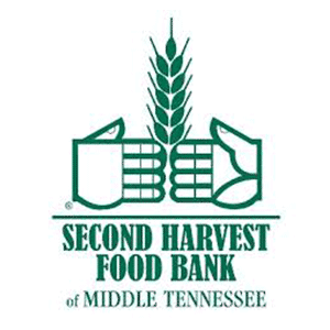 Logo of Second Harvest Food Bank of Middle Tennessee with a green wheat stalk and hand design on a white background.